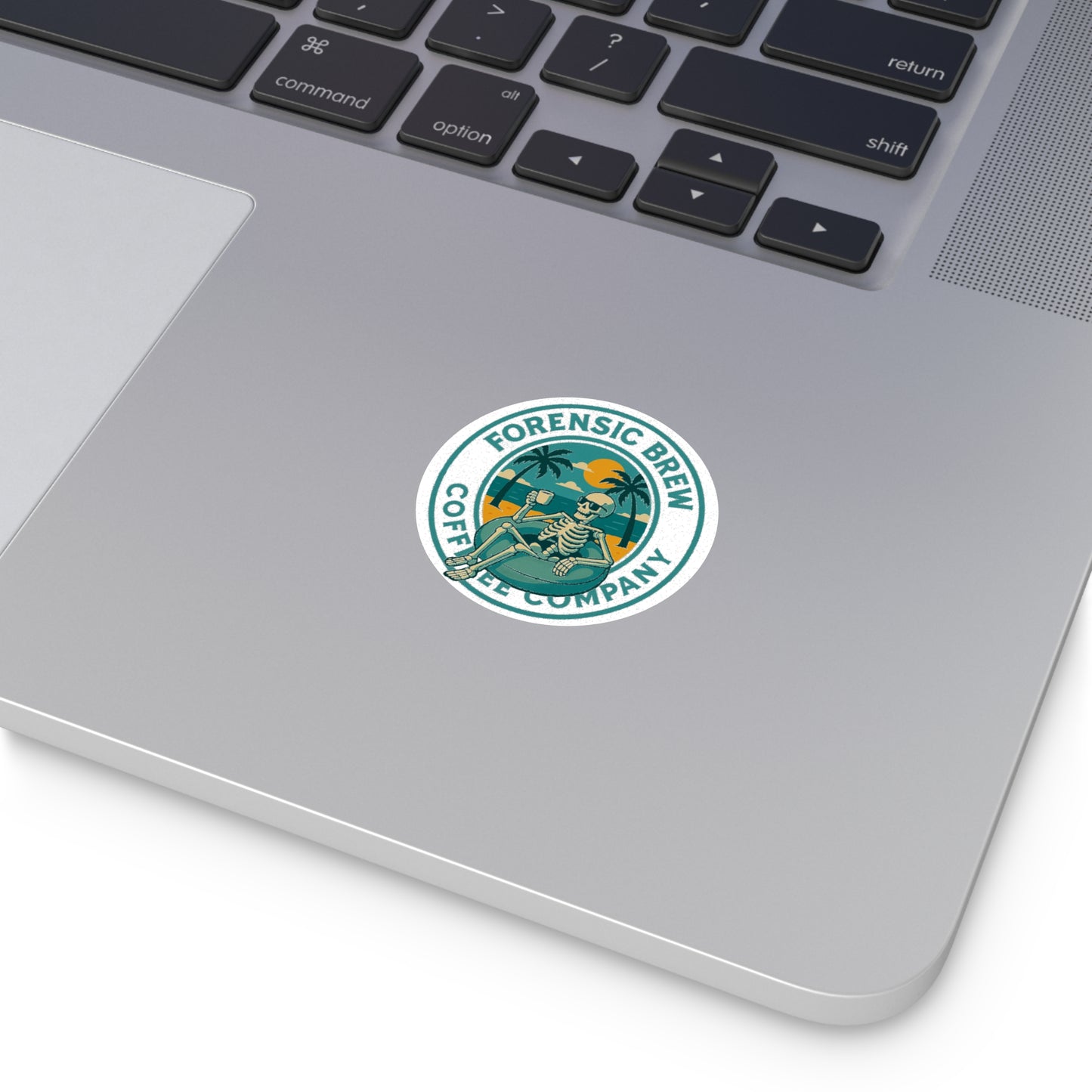 Forensic Brew Coffee Company Round Vinyl Sticker — Retro Skeleton Beach Logo