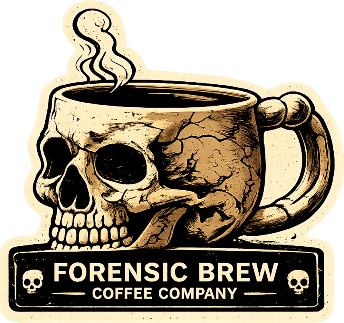 Forensic Brew Coffee Company skull-shaped coffee cup sticker artwork
