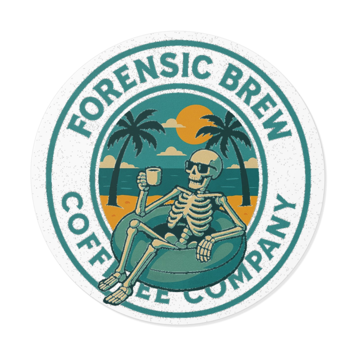Forensic Brew Coffee Company Round Vinyl Sticker — Retro Skeleton Beach Logo