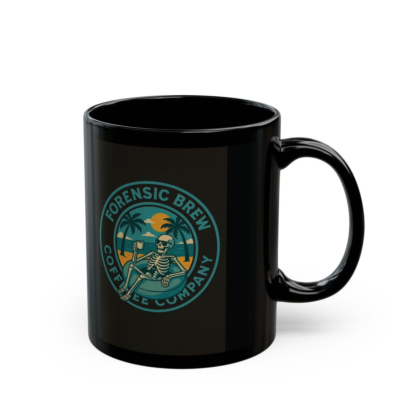 Forensic Brew Coffee Mug — Skeleton Palm Beach 11oz/15oz Black Ceramic