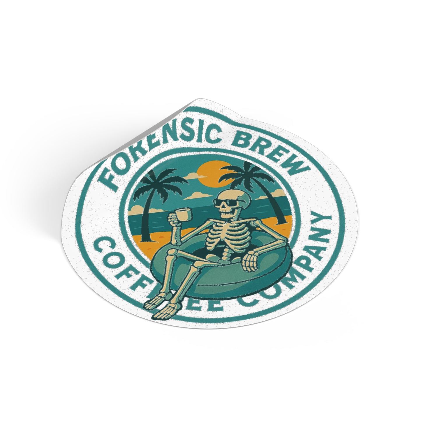 Forensic Brew Coffee Company Round Vinyl Sticker — Retro Skeleton Beach Logo