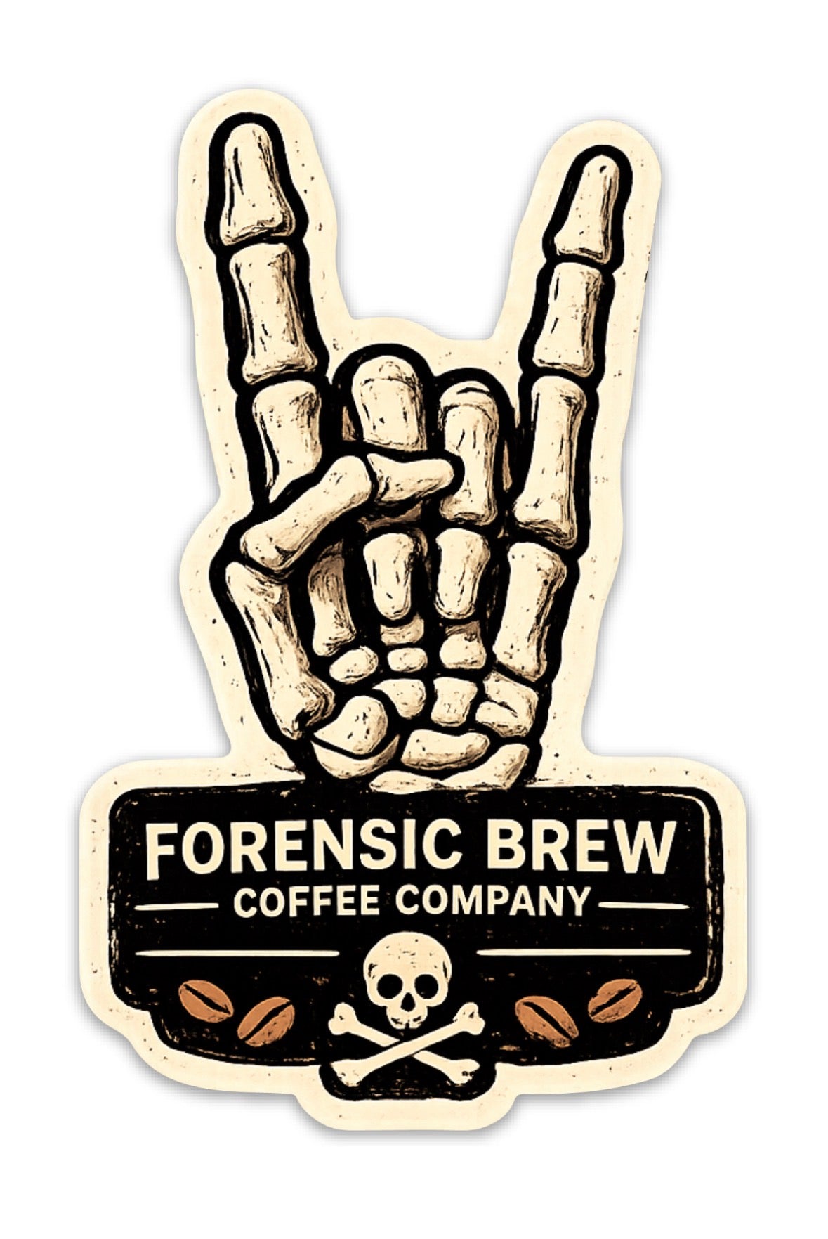 Cream-and-black Forensic Brew skeleton hand sticker with coffee beans and skull-and-crossbones artwork