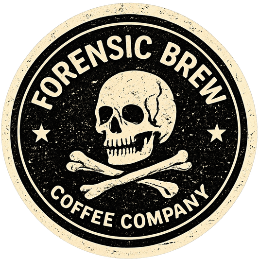 Forensic Brew Coffee Company skull and crossbones logo sticker